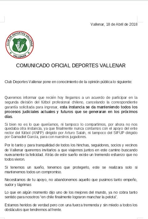 DEPORTES VALLENAR ACEPTA JUGAR EN LA B 1