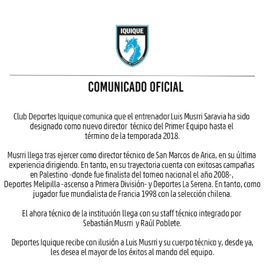 DEPORTES IQUIQUE ANUNCIA A MUSRRI