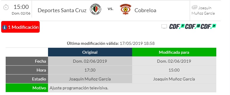 CAMBIO PROGRAMACIÓN PARTIDO SANTA CRUZ COBRELOA