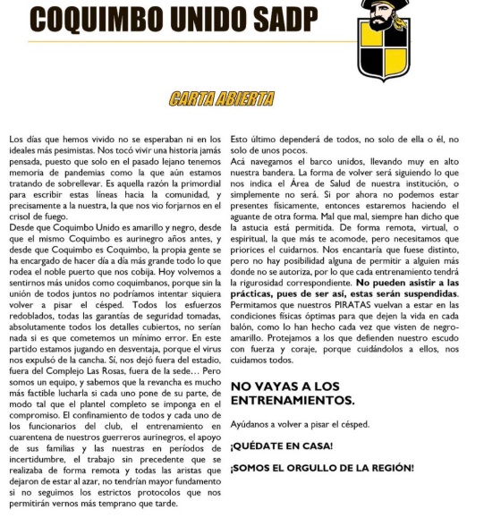 COQUIMBO UNIDO SOLICITA A SUS HINCHAS NO ASISTIR A LOS ENTRENAMIENTOS