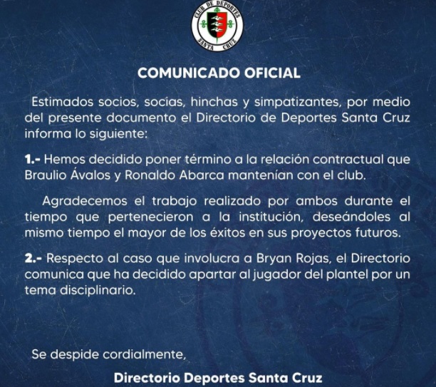 JUGADORES DESVINCULADOS EN DEPORTES SANTA CRUZ