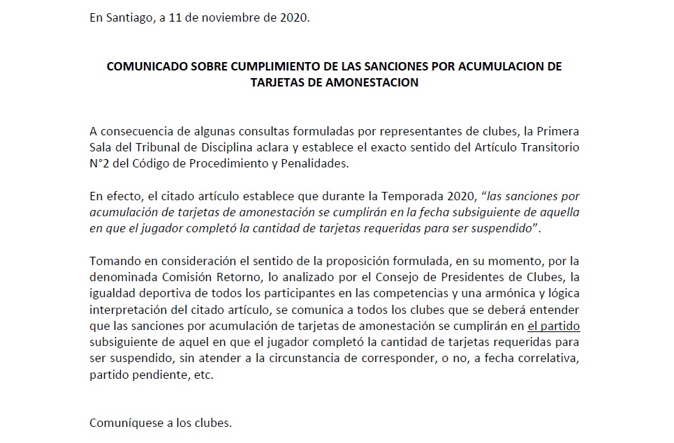 RATIFICACIÓN SANCIONES POR AMARILLAS PARTIDO SUBSIGUIENTE