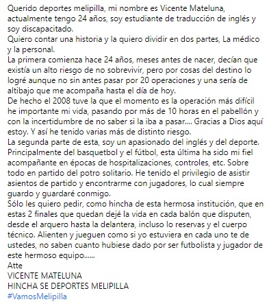 CARTA DE UN HINCHA DE DEPORTES MELIPILLA