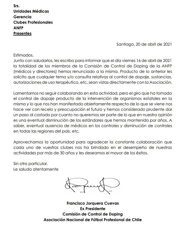 CARTA RENUNCIA COMISIÓN CONTROL DOPING