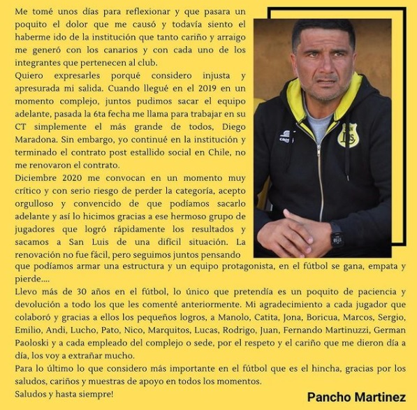 PANCHO MARTÍNEZ FUERA DE SAN LUIS