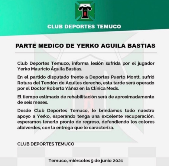 DEPORTES TEMUCO LESIÓN DE YERKO ÁGUILA