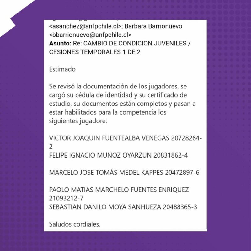 Los jugadores inscritos nombres y rut de Deportes Concepción como prueba ante la denunica de Colchagua noviembre 2021 segunda divison