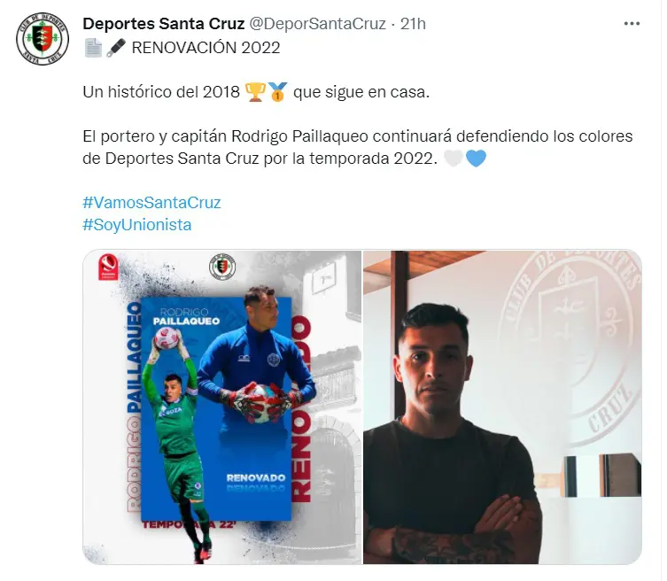 DEPORTES SANTA CRUZ RENUEVA A RODRIGO PAILLAQUEO