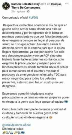 Comunicado de La Fiel del Norte barra de Iquique sobre la descompensacion de una hincha en partido de Iquique vs Magallanes 1B 2022