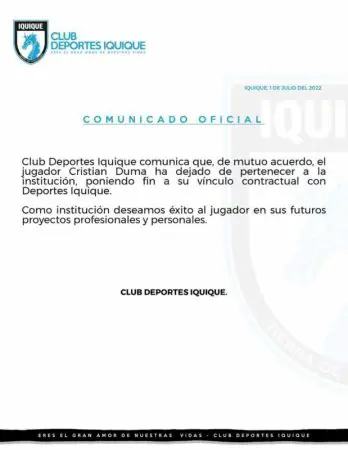 Comunicado oficial de Iquique sobre la salida de Duma 2022 julio 1 1B