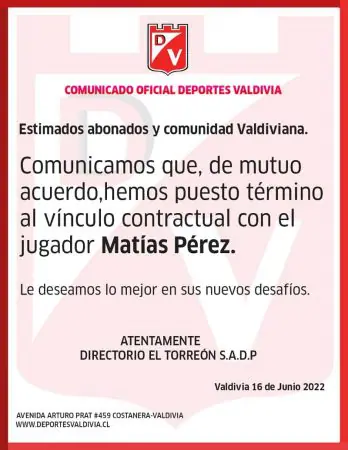 MATIAS PEREZ NO SIGUE EN DEP. VALDIVIA