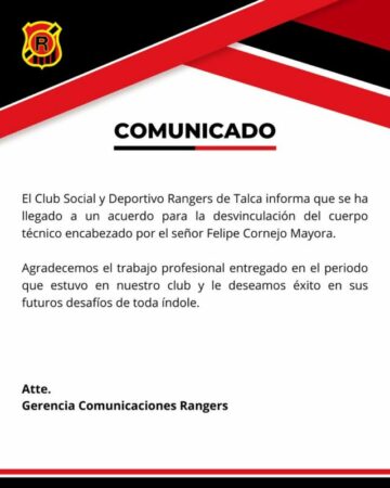 Otro DT que cayó, Rangers de Talca se quedó sin entrenador, es despedido Felipe Cornejo. 1B 2022 agosto